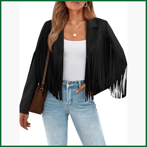 Jackets & Blazers - Faux Suede Leather Cropped Fringe Jacket Western Biker Style